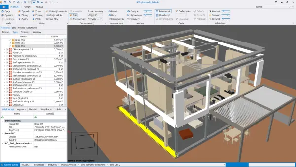 Widok okna przeglądarki AthBIM z wczytanym modelem 3D budynku mieszkalnego